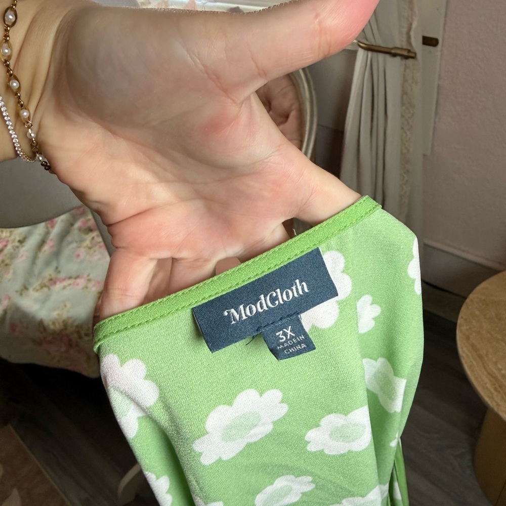 Modcloth Green Floral Wrap Dress with White Flowers - Picture 2 of 3